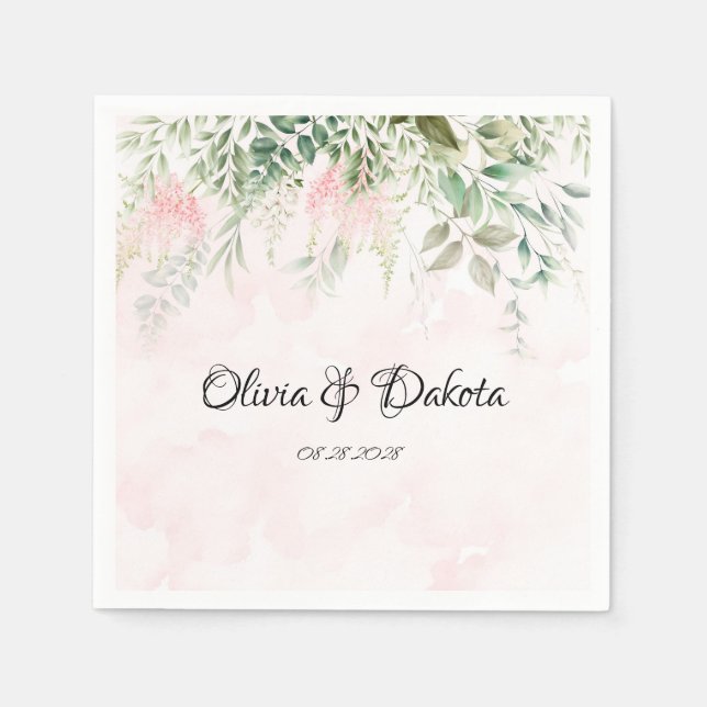 Serviette En Papier Rose et verdure Feuille Chic Mariage (Devant)