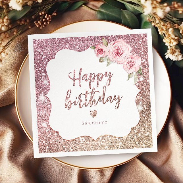 Serviette En Papier Rose étincelle parties scintillant or  floral heur (Sparkle rose gold glitter floral happy birthday napkins)