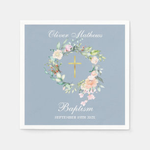 Serviette En Papier Rose Floral Garland Baptême Christening Dusty Blue