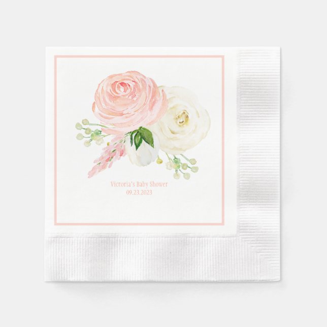 Serviette En Papier Rose Floral Girl Aquarelle Nom Date Baby shower (Devant)