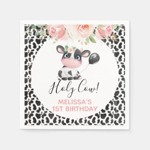 Serviette En Papier Rose Floral Noir Blanc Vache Imprimer Anniversaire