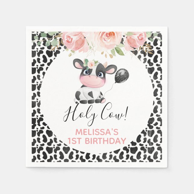 Serviette En Papier Rose Floral Noir Blanc Vache Imprimer Anniversaire (Devant)
