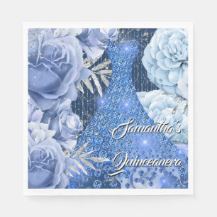 Serviette En Papier Rose florale argent bleu anniversaire femme glamou