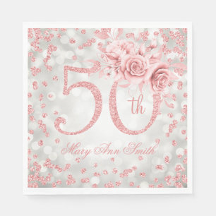 Serviette En Papier Rose Gold 50e anniversaire Floral Lights Argent