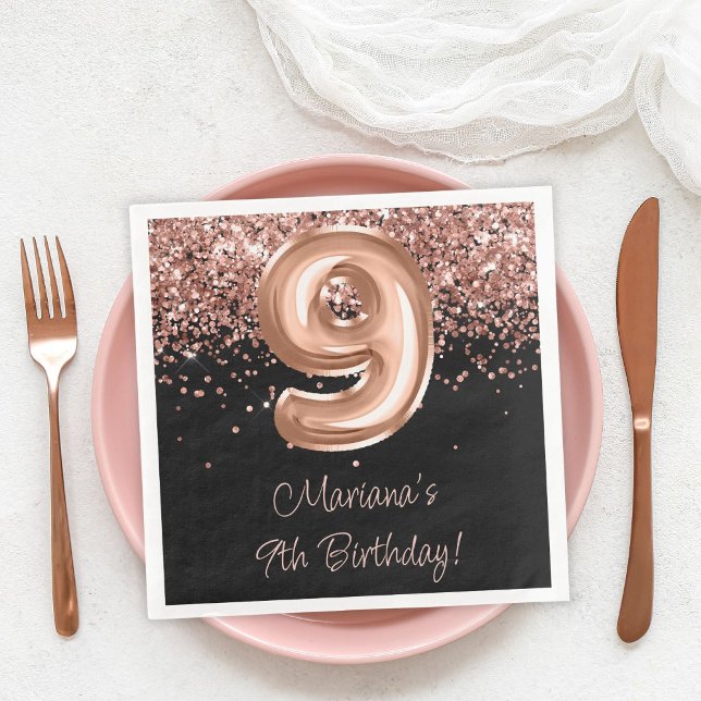 Serviette En Papier Rose Gold Black 9e fête d'anniversaire (Créateur téléchargé)
