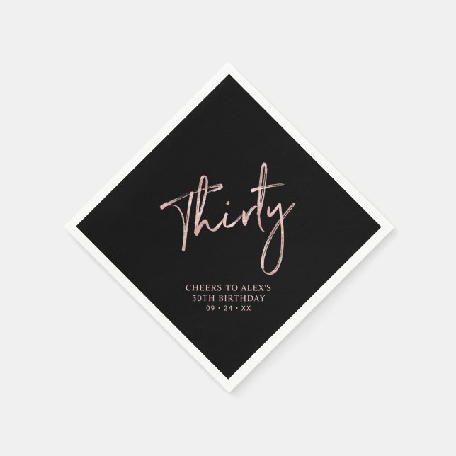 Serviette En Papier Rose Gold & Black Trente Adulte 30e Anniversaire (Coin)