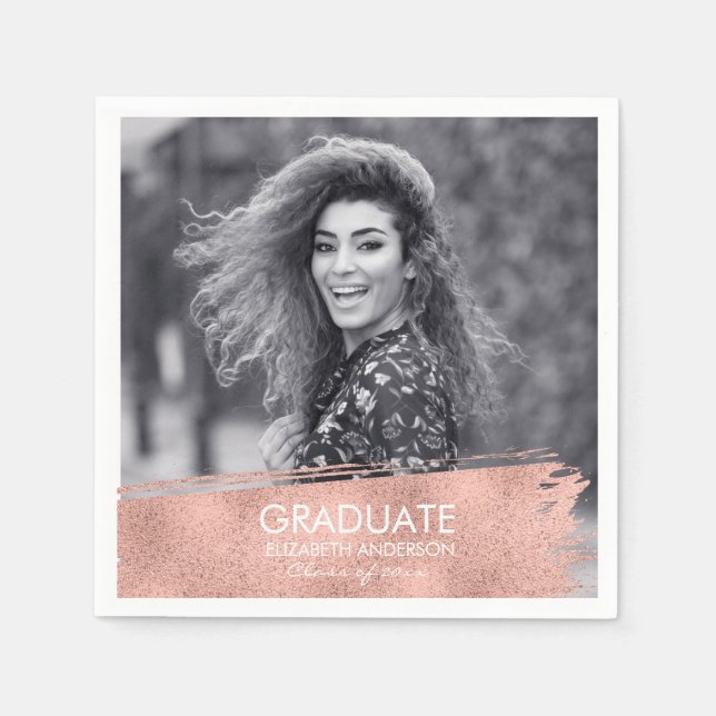 Serviette En Papier Rose Gold Brushstroke Photo Graduation (Devant)
