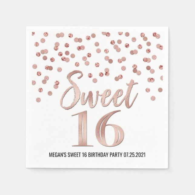 Serviette En Papier Rose Gold Confetti Sweet 16 anniversaire (Devant)