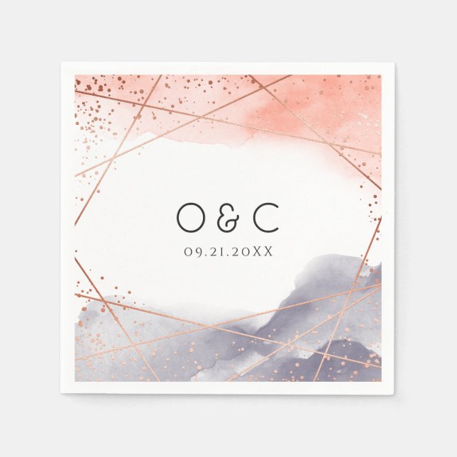 Serviette En Papier Rose Gold Dawn Aquarelle mariage géométrique (Devant)