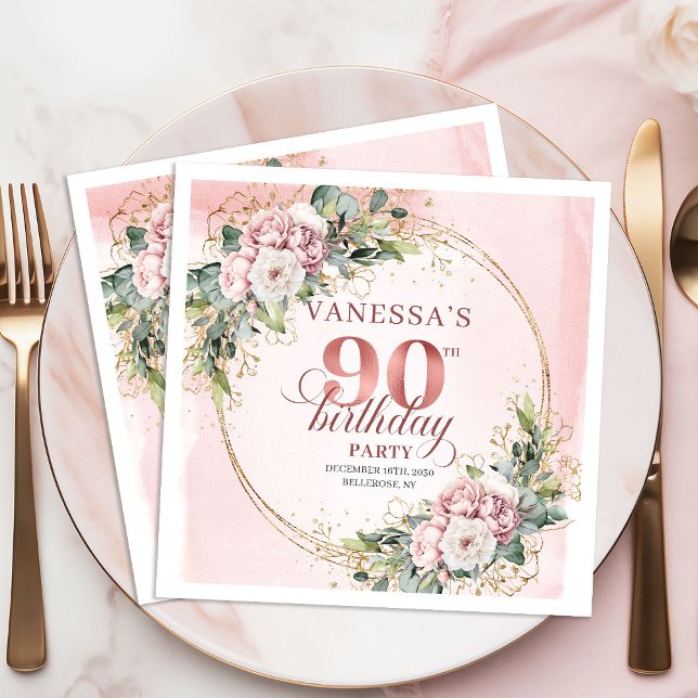 Serviette En Papier Rose Gold Dusty Pink Boho Floral 90th Birthday  (Rose Gold Dusty Pink Boho Floral 90th Birthday Napkins)
