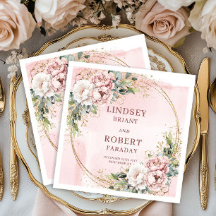 Serviette En Papier Rose Gold Floral Or Greenery Mariage Pailleté 