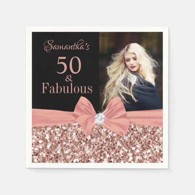 Serviette En Papier Rose Gold Glitter et photo d'anniversaire des 50 a (Devant)