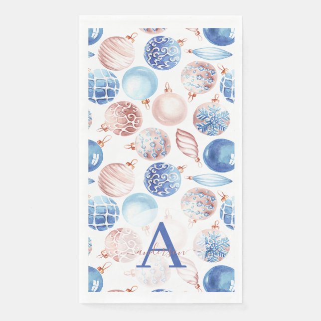 Serviette En Papier Rose Gold Marine Baubles Bleus Monogramme Noël (Devant)