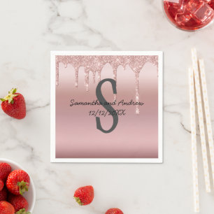 Serviette En Papier Rose Gold Monogramme Paillettes Gouttes Fard Rose 