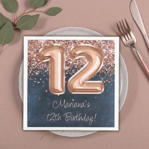 Serviette En Papier Rose Gold Navy Blue 12e fête d'anniversaire