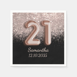 Serviette En Papier Rose Gold Noir Moderne Pailleté 21 Anniversaire