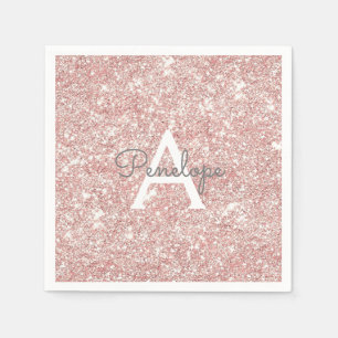Serviette En Papier Rose Gold Pailleté Rose et Monogramme Brillants