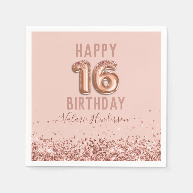 Serviette En Papier Rose Gold Pink Joyeux 16e anniversaire (Devant)
