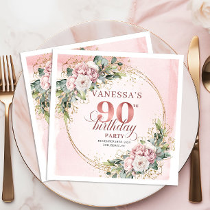 Serviette En Papier Rose Gold Poussière Rose Boho Floral 90e Anniversa