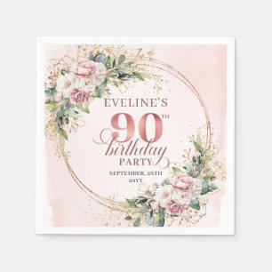 Serviette En Papier Rose Gold Poussière Rose Floral 90e Fête d'Anniver