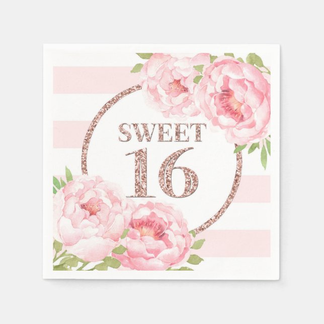 Serviette En Papier Rose Gold rose rayures Fleurs Douces 16 Anniversai (Devant)