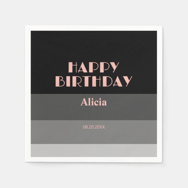 Serviette En Papier Rose Gold Script Gris noir rayures Anniversaire (Devant)