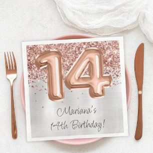 Serviette En Papier Rose Gold Silver 14e fête d'anniversaire