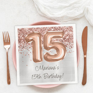 Serviette En Papier Rose Gold Silver 15e fête d'anniversaire