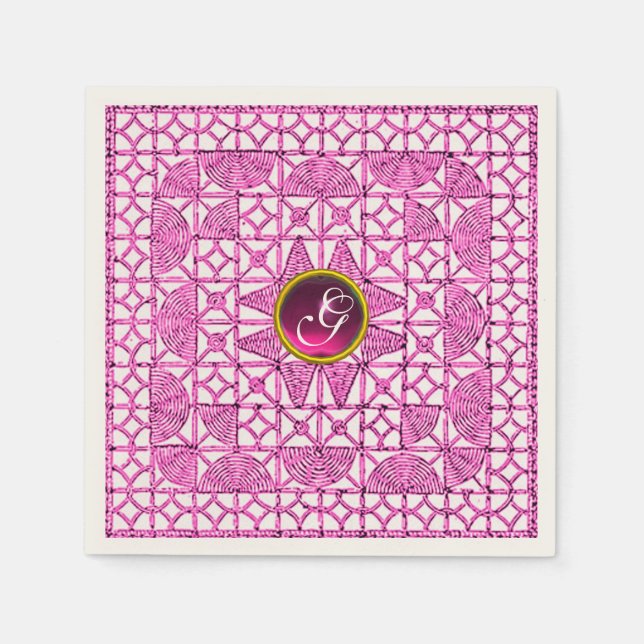 SERVIETTE EN PAPIER ROSE LILAC GÉOMÉTRIQUE LACE GEM STONE MONOGRAMME (Devant)