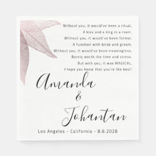 Serviette En Papier Rose mariage Merci Poème Floral Blanc Noir