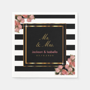 Serviette En Papier Rose Mariage or noir et blanc