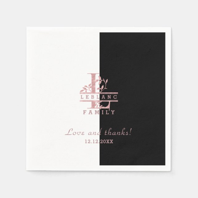 Serviette En Papier Rose moderne Gold Split Personnalisé Monogramme L (Devant)