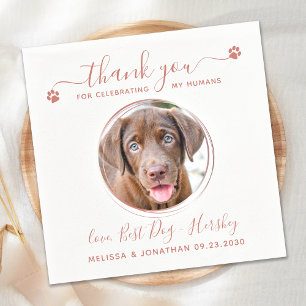Serviette En Papier Rose moderne Merci d'or Chien Photo Animal Mariage