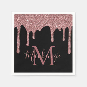 Serviette En Papier Rose noir Parties scintillant d'or  Monogramme