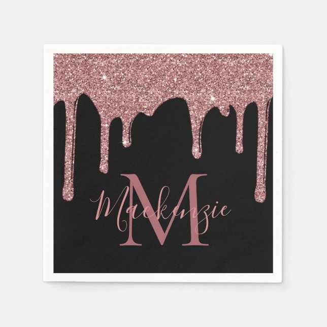 Serviette En Papier Rose noir Parties scintillant d'or  Monogramme (Devant)