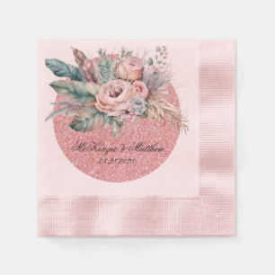 Serviette En Papier Rose Parties scintillant or Boho Florals Plumes Ma