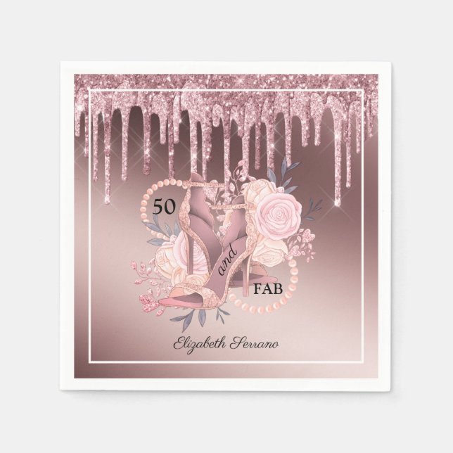Serviette En Papier Rose Parties scintillant or perches 50e anniversai (Devant)