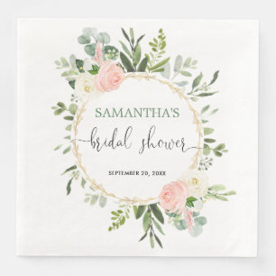Serviette En Papier Rose poudré blanc verdure or floral élégant