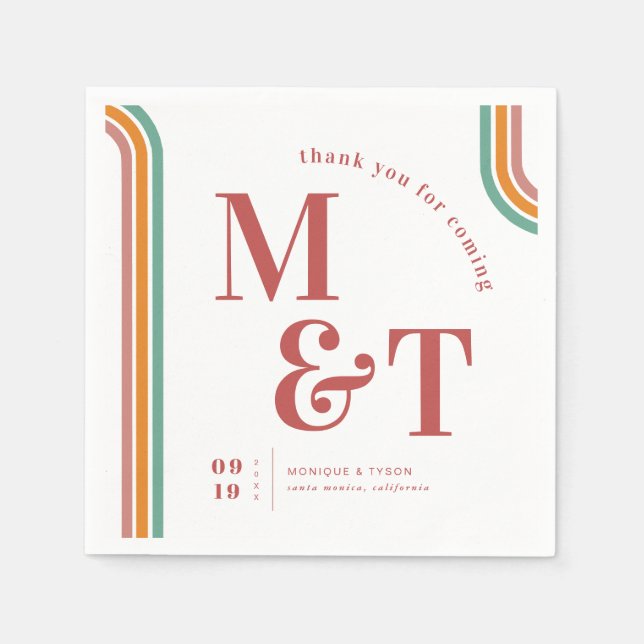 Serviette En Papier Rose | Retro Seventies Stripes | Monogramme Mariag (Devant)