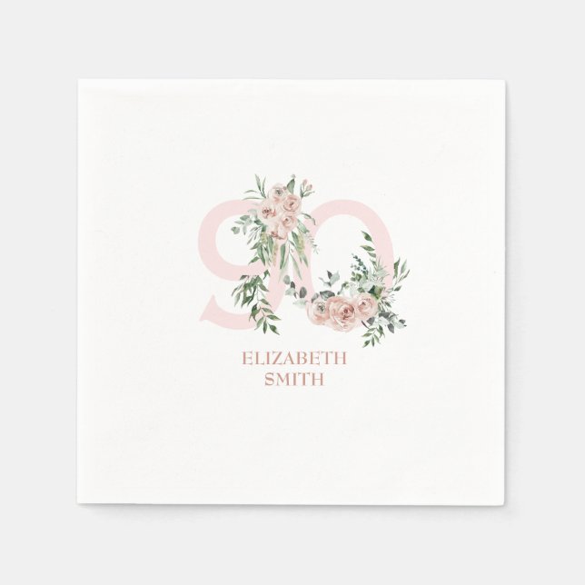 Serviette En Papier Rose rose Elégante 90e fête d'anniversaire blanche (Devant)