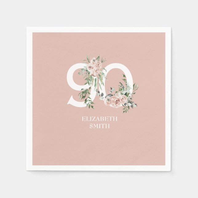 Serviette En Papier Rose rose Elégante 90ème Blush Anniversaire (Devant)