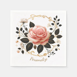 Serviette En Papier Rose rose élégante et art floral or personnalisé
