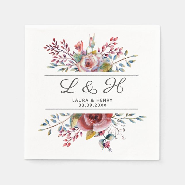 Serviette En Papier Rose Rose Floral Monogramme Mariage Papier Napkins (Devant)