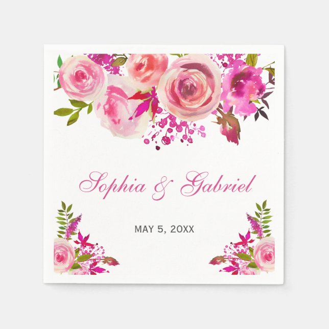 Serviette En Papier Rose rose Fuchsia Mariage botanique (Devant)