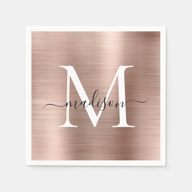 Serviette En Papier Rose Rose Or Monogramme Girly Script en métal bros (Devant)