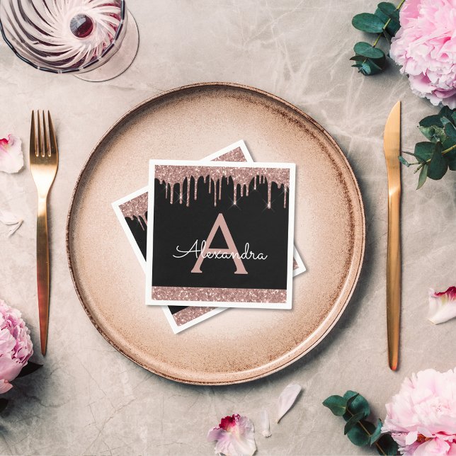 Serviette En Papier Rose Rose Rose Gold Parties scintillant Noir Monog (Créateur téléchargé)