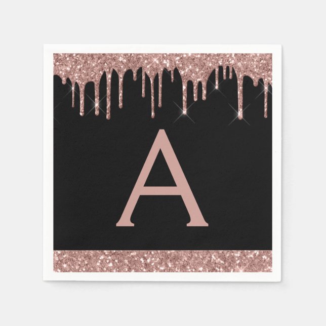 Serviette En Papier Rose Rose Rose Gold Parties scintillant Noir Monog (Devant)