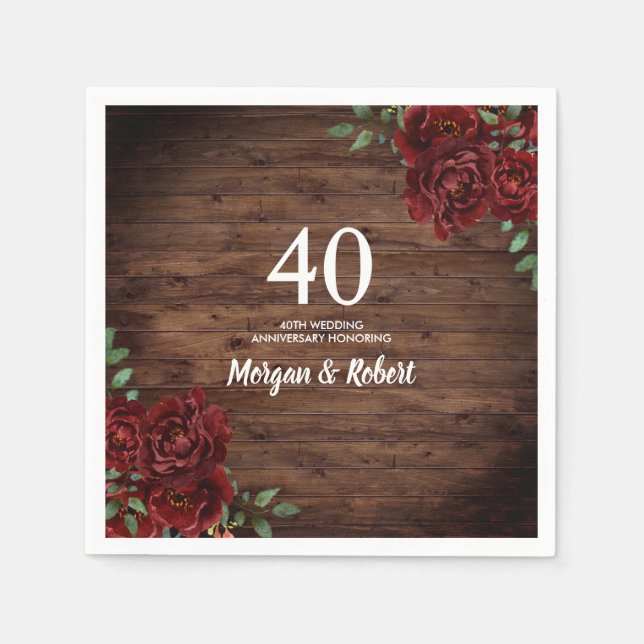 Serviette En Papier Rose rouge Bois rustique 40e anniversaire de Maria (Devant)