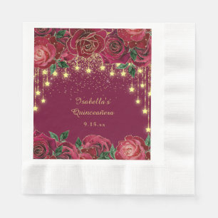 Serviette En Papier Rose Rouge Étoile Dorée Guirlande Lumineuse Étoile