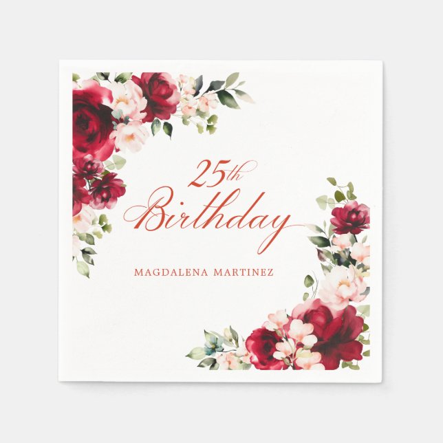 Serviette En Papier Rose Rouge Floral 25e anniversaire Cocktail person (Devant)